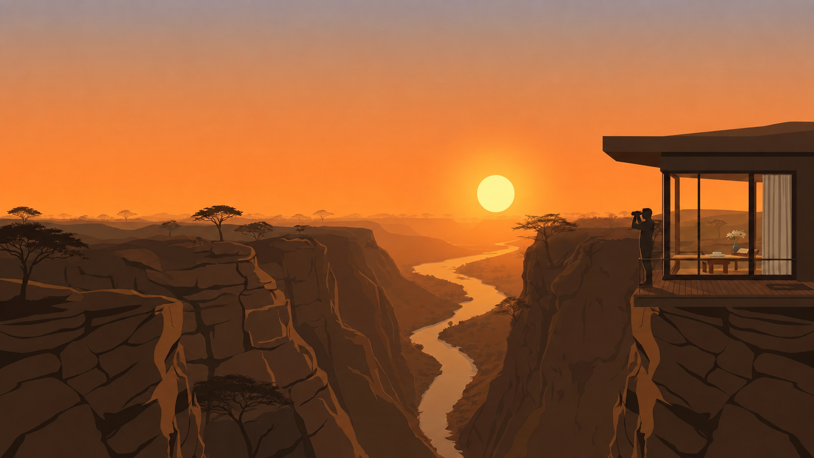 Vector illustration of a lodge deck perched on a cliff edge at sunset, a traveller scanning the river valley with binoculars, with acacia trees on the escarpment below